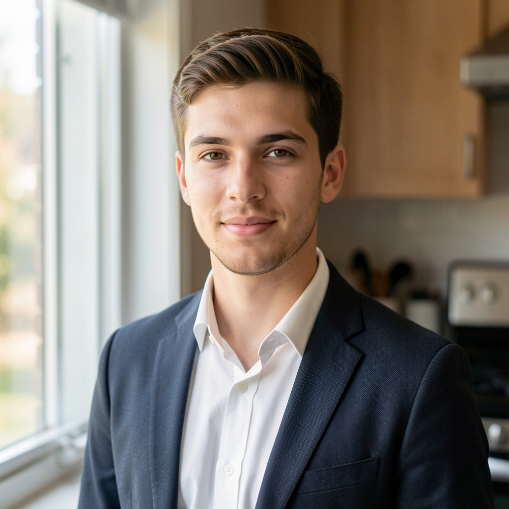Editorial portrait of Tobias Marsden, contributing writer, photographed in natural light near a kitchen window