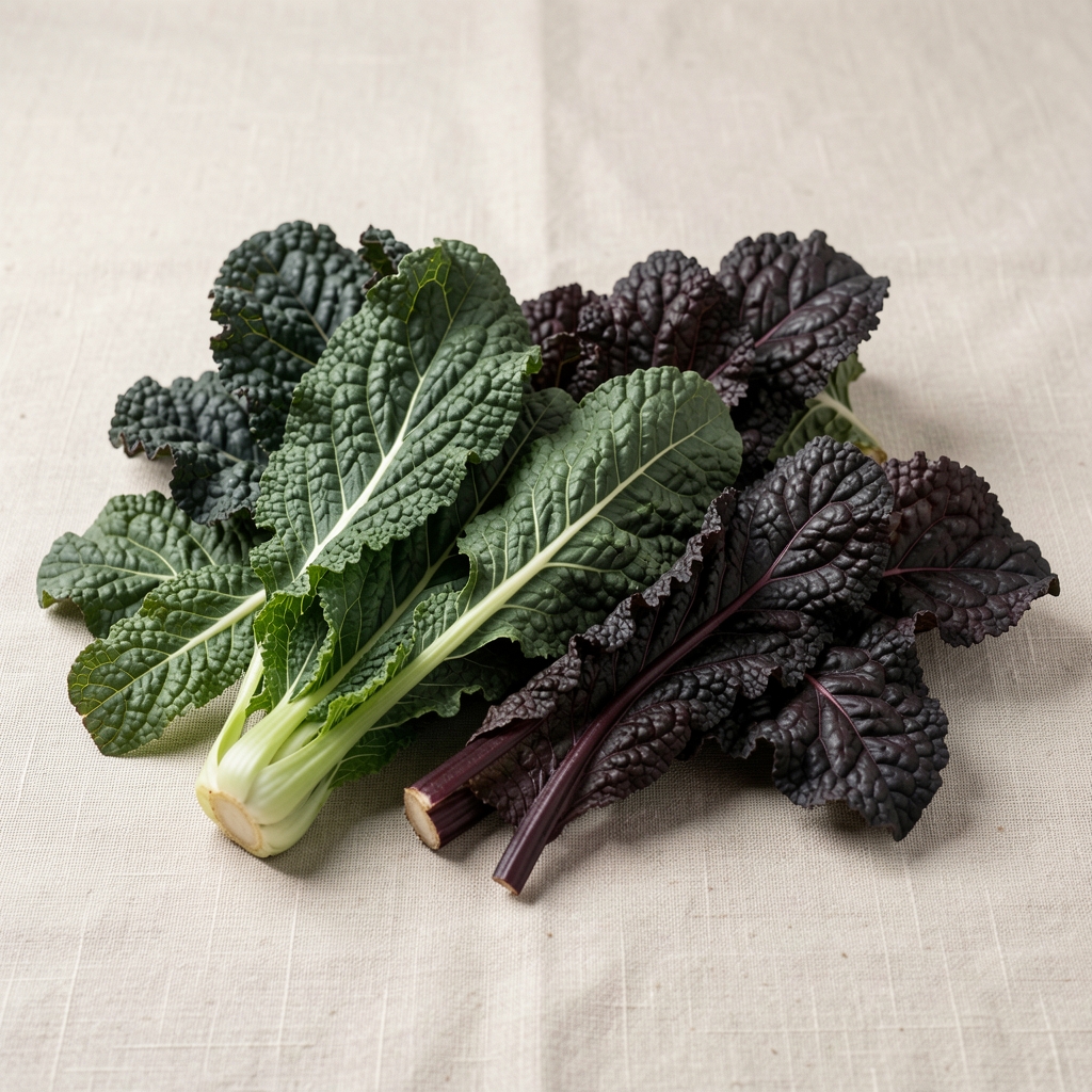 Winter brassica leaves — kale and cavolo nero — arranged loosely on a pale linen surface under soft studio light